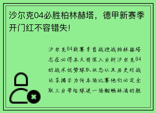 沙尔克04必胜柏林赫塔，德甲新赛季开门红不容错失!